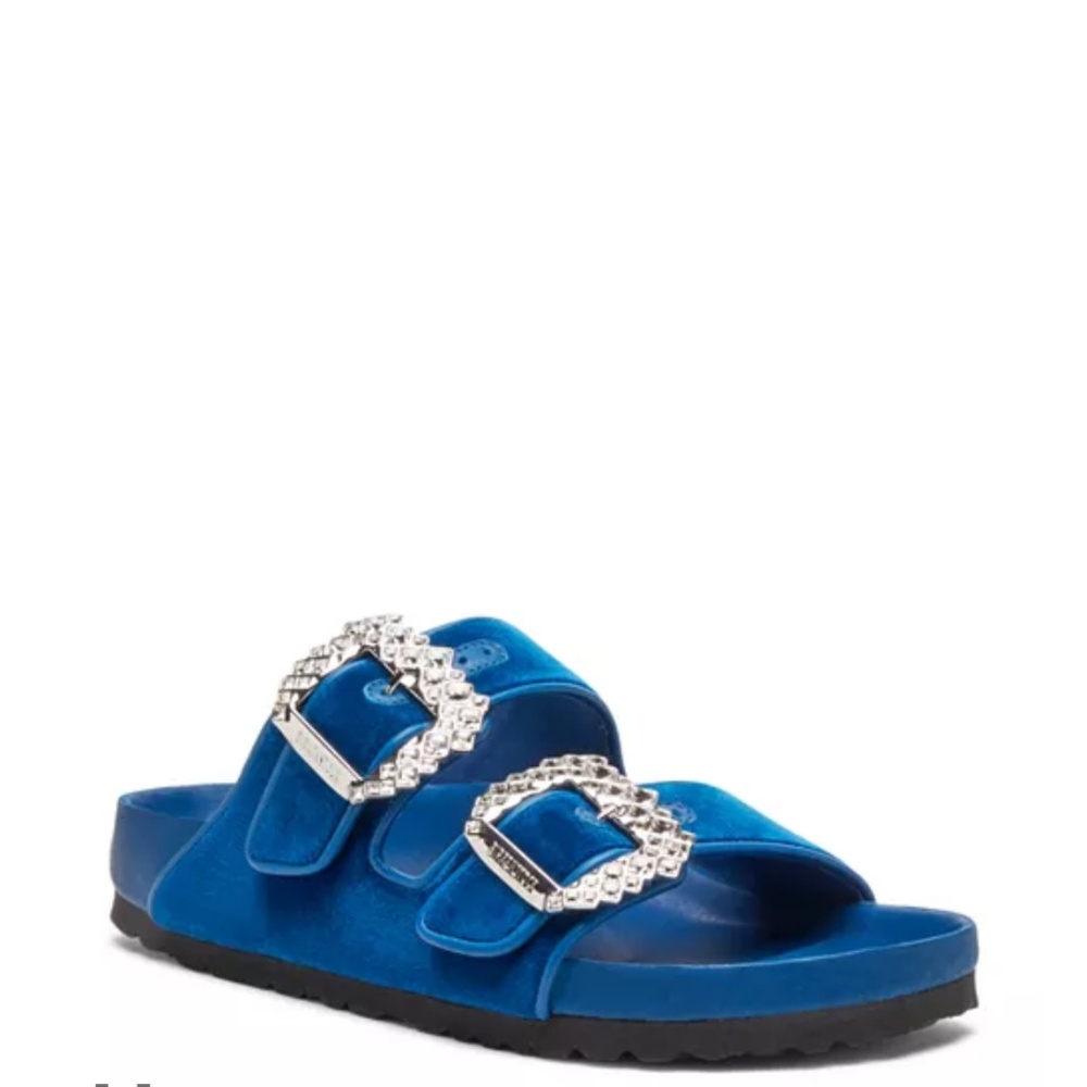 Manolo Blahnik x Birkenstock Arizona Crystal Buckle Blue Velvet Slides